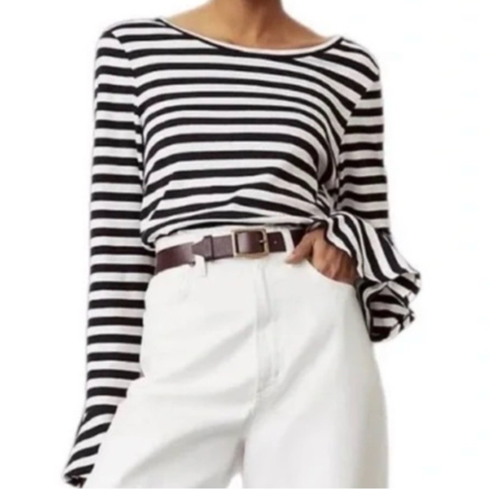 Anthropologie Maeve Flouncy Striped Top Women’s Size M Bell Sleeves Scoop Neck